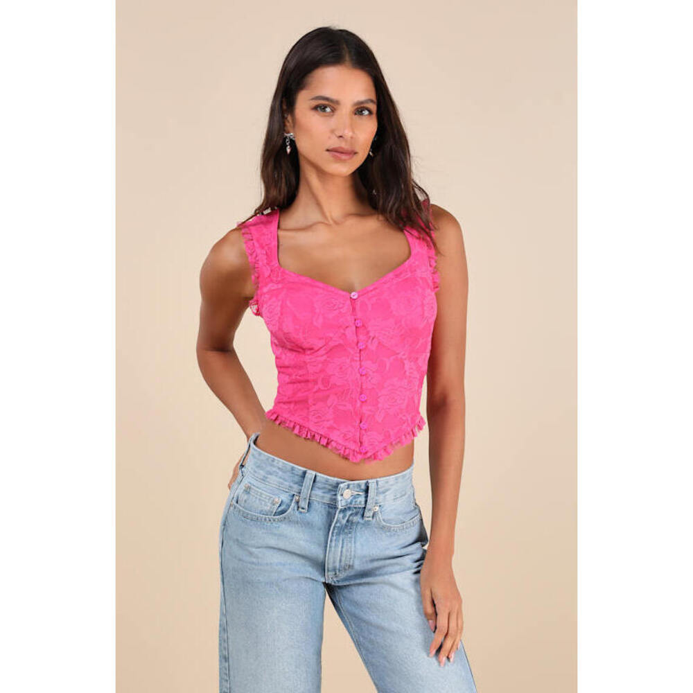 Lulus Lasting Cuteness Hot Pink Lace Ruffled Button-front Crop Top - Size L